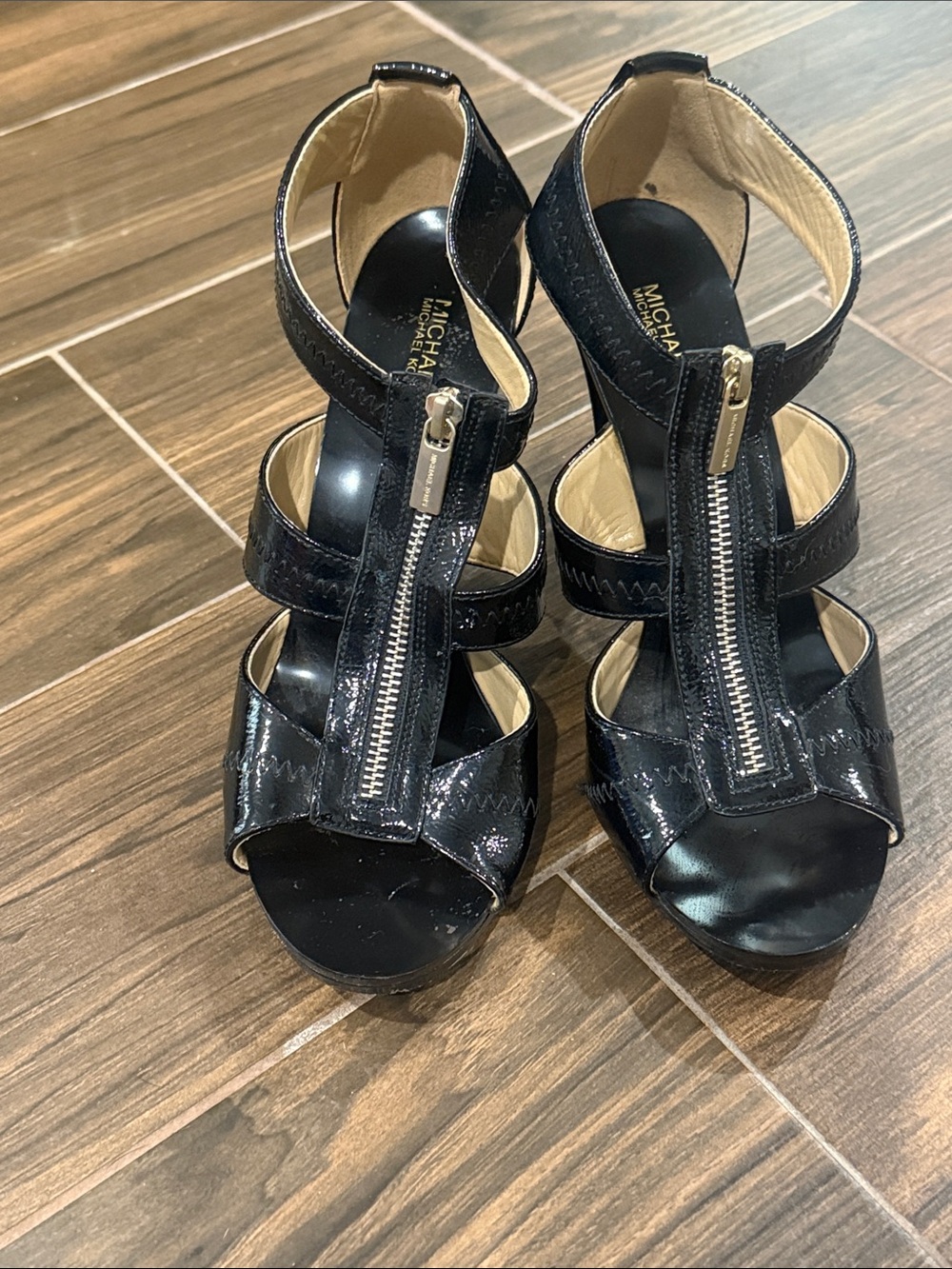 Michael Kors Black Patent Leather Zip-Strap Heels